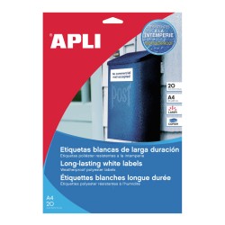 Lipnios etiketės APLI, 64,6 x 33,8 mm, A4, atsparūs, 24 lipdukai lape, 20 lapų, balta