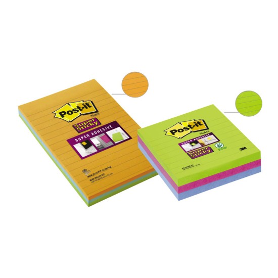Lipnūs lapeliai Post-it Super sticky Ultra, 101x152mm, įvairios spalvos, 3 vnt./pak.