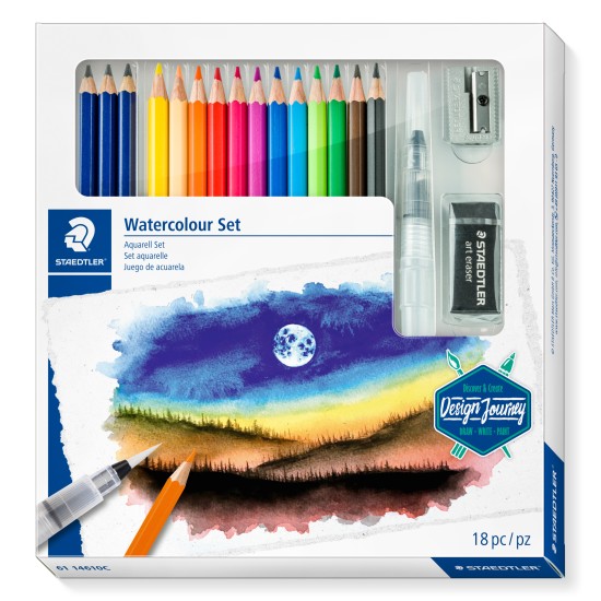 Kūrybinis rinkinys STAEDTLER 146 10C, 12 spalvotų pieštukų + 3 grafitiniai pieštukai,  vandens teptukas, drožtukas