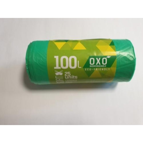 Šiukšlių maišai SORTEX, žali HDPE 100L 70x100cm 18 mkr 25vnt/rul.