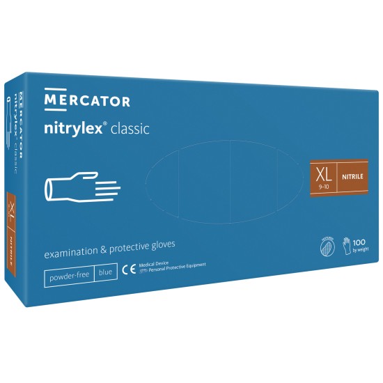 Vienkartinės pirštinės NITRYLEX Classic, nitrilinės, nepudruotos, mėlynos spalvos, XL, 100 vnt.