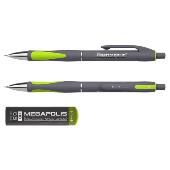 Automatinis pieštukas MEGAPOLIS CONCEPT, ErichKrause, 0.5 mm, HB, su 20 papildomų grafitų, blisteryje