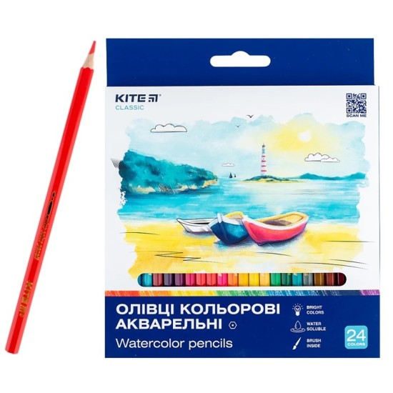 Spalvoti šešiabriauniai akvareliniai pieštukai CLASSIC, Kite, 24 sp. + teptukas
