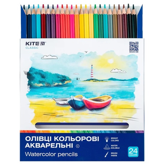 Spalvoti šešiabriauniai akvareliniai pieštukai CLASSIC, Kite, 24 sp. + teptukas
