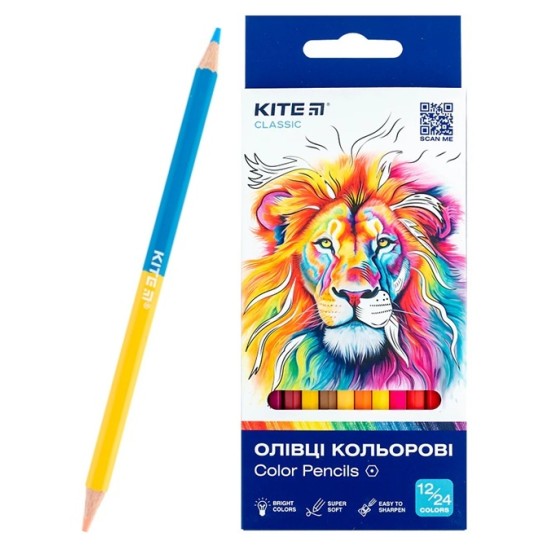 Dvipusiai spalvoti šešiabriauniai pieštukai CLASSIC, Kite, 12 vnt.= 24 sp.