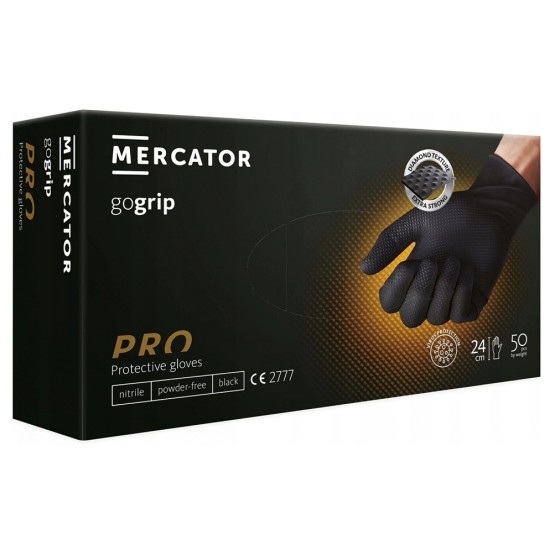 Vienkartinės nitrilinės pirštinės MERCATOR GoGrip Black, M dydis, juodos sp., be pudros, 50 vnt.