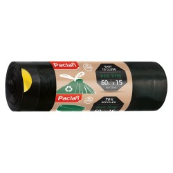 Šiukšlių maišai ECOLINE, Paclan, 60 litrų, 15vnt., 25mkr, užrišami, LDPE plastikas, juodos sp.