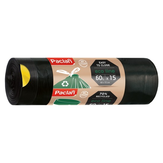 Šiukšlių maišai ECOLINE, Paclan, 60 litrų, 15vnt., 25mkr, užrišami, LDPE plastikas, juodos sp.