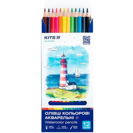 Spalvoti šešiabriauniai akvareliniai pieštukai CLASSIC, Kite, 12 sp. + teptukas