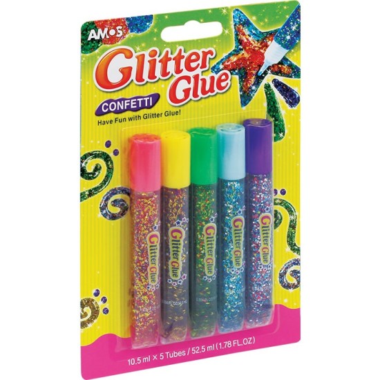 Klijų su blizgučiais rinkinys CONFETTI GCF10B5, Amos, 5 spalvos po 10,5ml