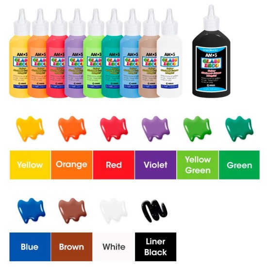 Vitražinių dažų rinkinys GD22P10, Amos, 9 spalvos po 22ml + 40ml juodos spalvos kontūras