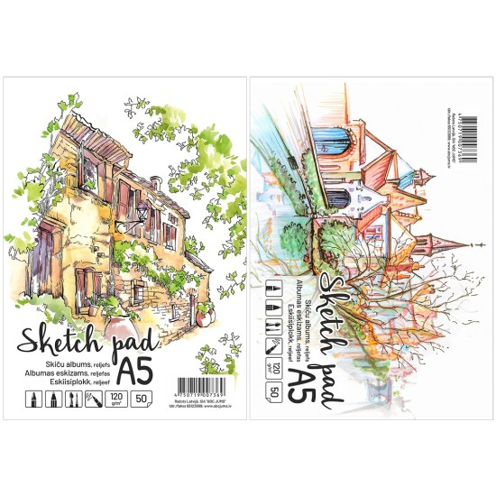 Albumas eskizams, A5, 50 lapų, 120gsm, reljefiniai vidiniai lapai, su spirale viršuje