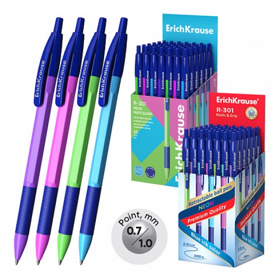 Automatinis tušinukas R-301 NEON MATIC&GRIP, ErichKrause, 0.7mm, mėlynos sp.