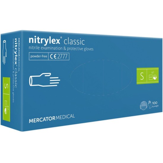 Vienkartinės nitrilinės pirštinės MERCATOR Nitrylex Classic, S dydis, mėlynos sp., be pudros, 100 vnt.