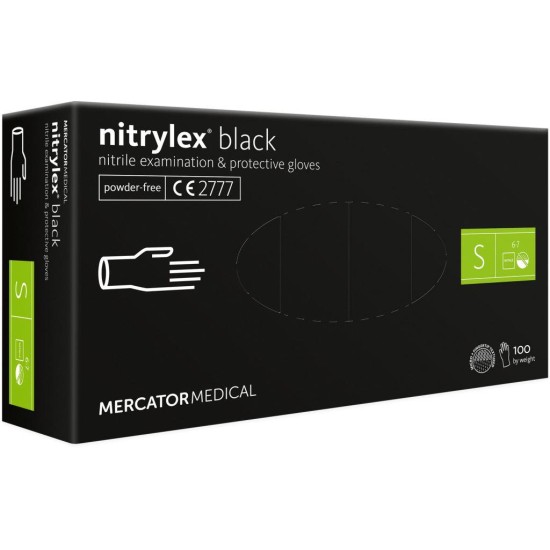 Vienkartinės nitrilinės pirštinės MERCATOR Nitrylex Black, S dydis, juodos sp., be pudros, 100 vnt.
