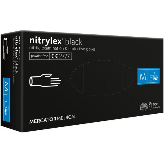 Vienkartinės nitrilinės pirštinės MERCATOR Nitrylex Black, M dydis, juodos sp., be pudros, 100 vnt.