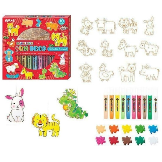 Vitražinių dažų rinkinys SD10P10 ZODIAC, Amos, 10 spalvų po 10,5ml + 12 pakabukų