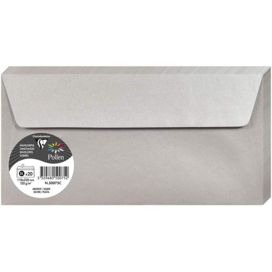 Dekoratyvinis vokas POLLEN, Clairefontaine, DL (110x220mm), 120gsm, blizgus, sidabro sp.