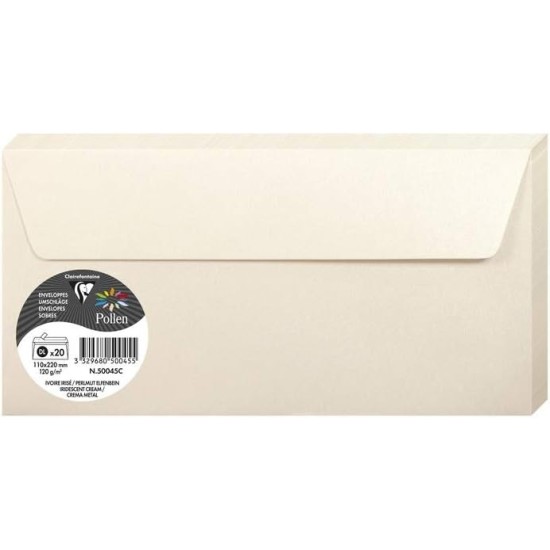 Dekoratyvinis vokas POLLEN, Clairefontaine, DL (110x220mm), 120gsm, blizgus, kreminės sp.