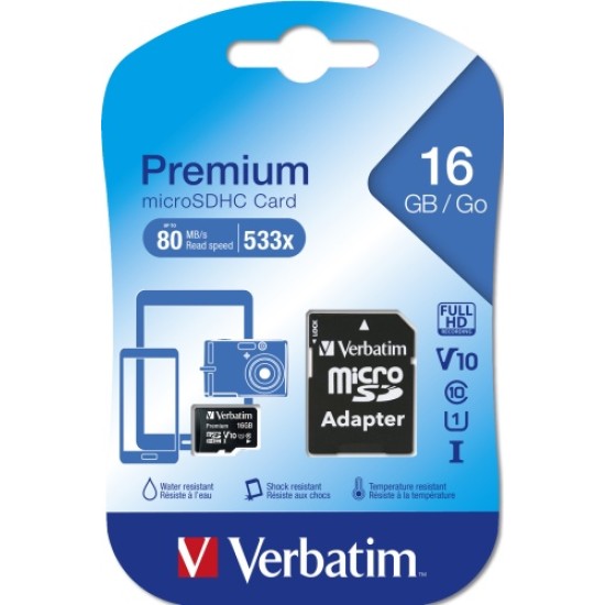 Verbatim 44082 Premium U1 Micro SDHC Atminties kortelė 16GB + microSD į SD Adapteris