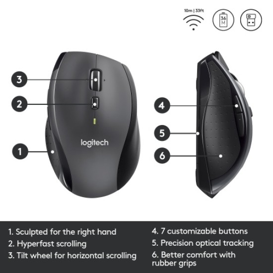 Logitech Marathon M705 Belaidė pelė, RF Wireless, 1000 DPI, Charcoal