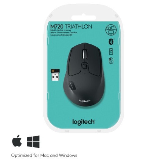 Logitech M720 Triathlon Belaidė pelė RF Wireless + Bluetooth, 1000 DPI, Juoda