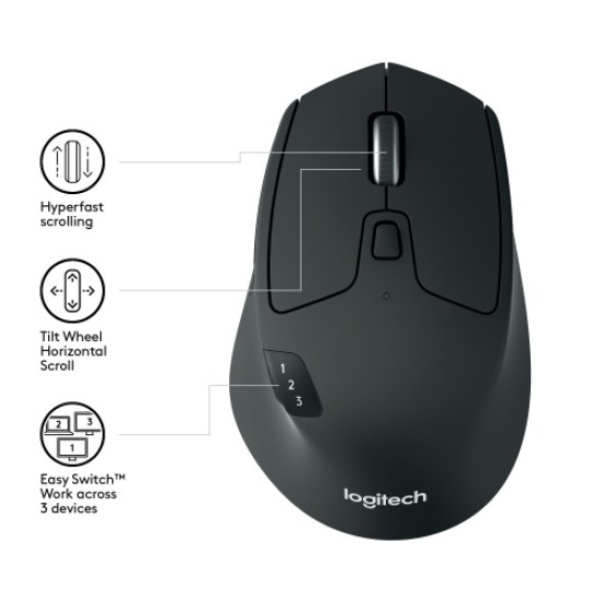 Logitech M720 Triathlon Belaidė pelė RF Wireless + Bluetooth, 1000 DPI, Juoda