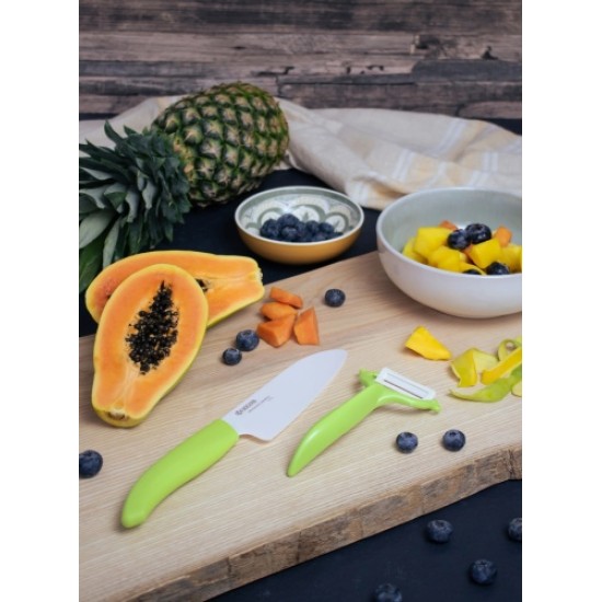 Kyocera FK140CP10NGR SANTOKU KNIFE & PEELER Rinkinys, peilis (14 cm ašmenys) ir skustukas, Žalia