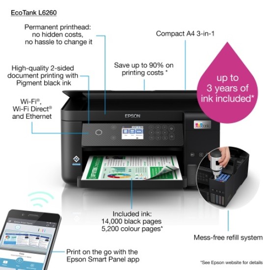 Epson EcoTank L6260 Spausdintuvas rašalinis spalvotas MFP A4 33 ppm USB Wi-Fi Ethernet LAN
