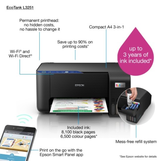 Epson EcoTank L3251 Spausdintuvas rašalinis spalvotas MFP A4 33 ppm Wi-Fi USB