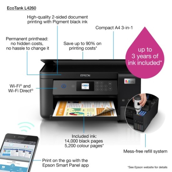Epson EcoTank L4260 Spausdintuvas rašalinis spalvotas MFP A4 33 ppm USB Wi-Fi Ethernet LAN