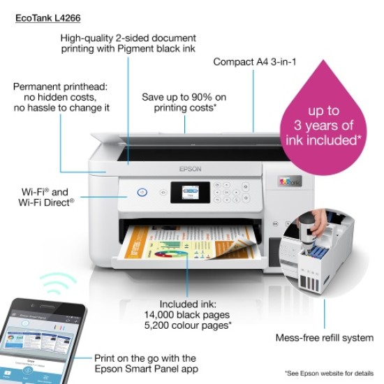 Epson EcoTank L4266 Spausdintuvas rašalinis spalvotas MFP A4 33 ppm USB Wi-Fi Ethernet LAN