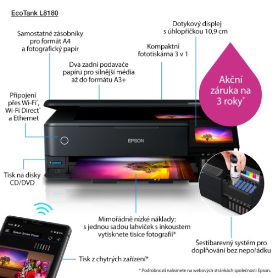 Epson EcoTank L8180 Nuotraukų spausdintuvas rašalinis spalvotas MFP A3+ 32ppm USB Wi-Fi Ethernet LAN