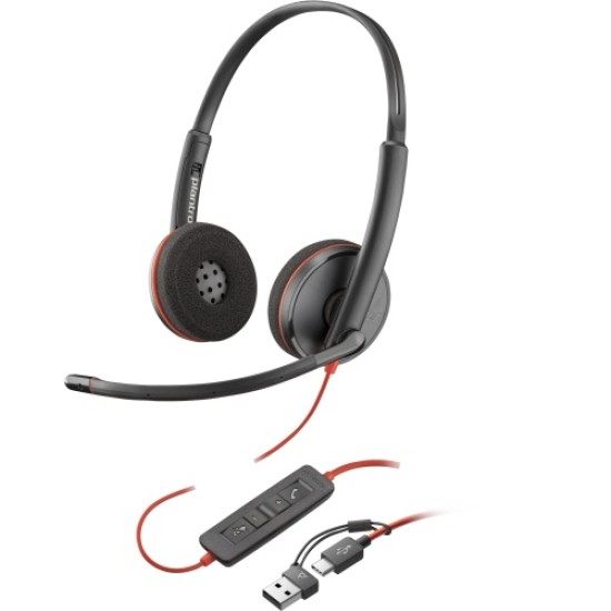 Poly Blackwire 3220 Stereo Laidinės ausinės, USB-C, USB-C/A Adapter (Bulk), Juoda