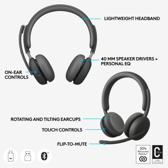 Logitech Zone Wireless 2 UC Belaidės ausinės, USB-C, USB-C Bluetooth receiver, Graphite