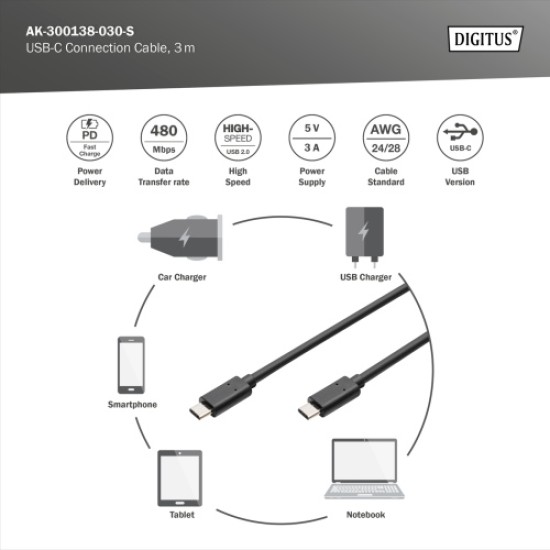 Digitus AK-300138-030-S USB-C Kabelis, USB-C 2.0 Male į USB-C 2.0 Male, 3 m, Juoda