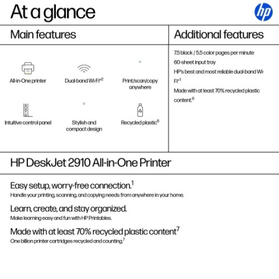 HP DeskJet 2910 AiO Spausdintuvas rašalinis spalvotas MFP A4 7.5 ppm USB Wi-Fi
