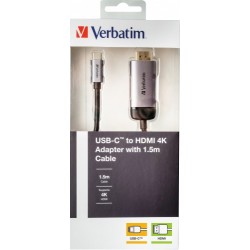 Verbatim 49144 USB-C į HDMI 4K Adapteris, USB 3.1 GEN 1, HDMI 4K (60Hz), 1.5 m kabelis, Pilka/Juoda