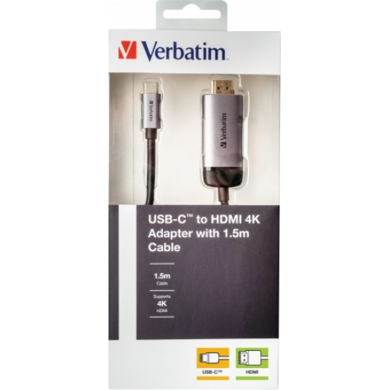 Verbatim 49144 USB-C į HDMI 4K Adapteris, USB 3.1 GEN 1, HDMI 4K (60Hz), 1.5 m kabelis, Pilka/Juoda