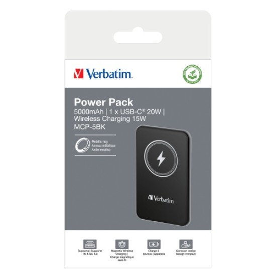 Verbatim 32240 Charge 'n' Go Magnetic Wireless Išorinė baterija (Power Bank) 5000mAh, Juoda
