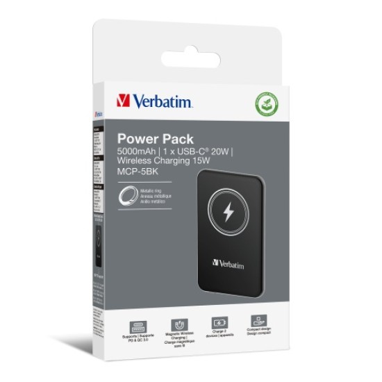 Verbatim 32240 Charge 'n' Go Magnetic Wireless Išorinė baterija (Power Bank) 5000mAh, Juoda