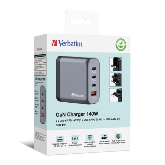 Verbatim 32203 GaN Įkroviklis 140W 4-Port, USB-A/USB-C, EU/UK/US Plug, Pilka/Juoda
