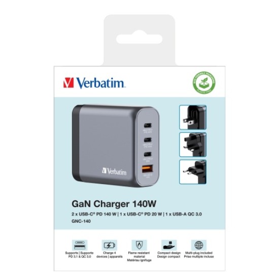 Verbatim 32203 GaN Įkroviklis 140W 4-Port, USB-A/USB-C, EU/UK/US Plug, Pilka/Juoda