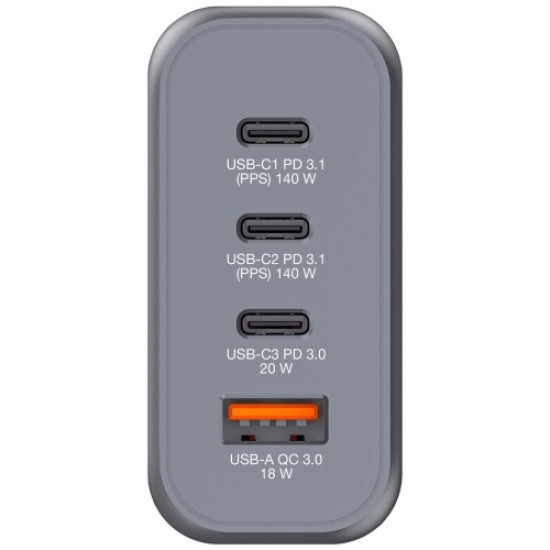 Verbatim 32203 GaN Įkroviklis 140W 4-Port, USB-A/USB-C, EU/UK/US Plug, Pilka/Juoda