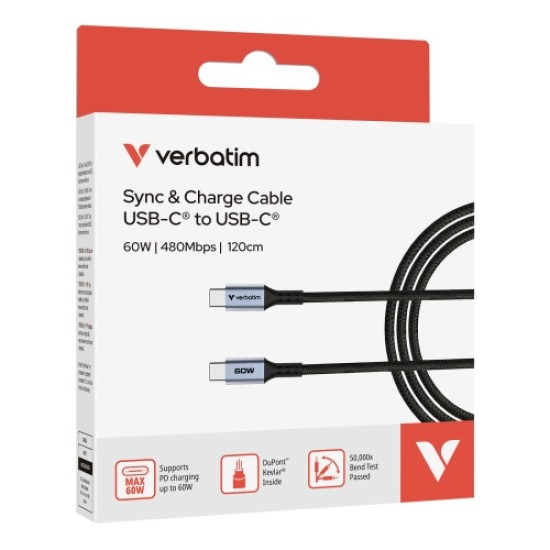 Verbatim 31845 Sync & Charge Kabelis USB-C į USB-C 60W 480Mbps 120cm, Pilka/Juoda