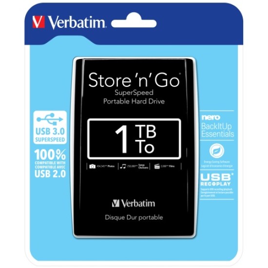 Verbatim 53023 Store 'n' Go USB 3.0 Išorinis kietasis diskas HDD 1TB, iki 4800 Mbit/s 5400rpm, Juoda
