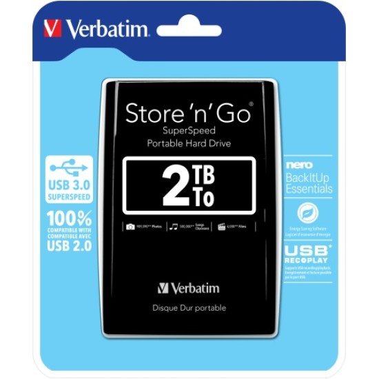 Verbatim 53177 Store 'n' Go USB 3.0 Išorinis kietasis diskas HDD 2TB, iki 4800 Mbit/s 5400rpm, Juoda