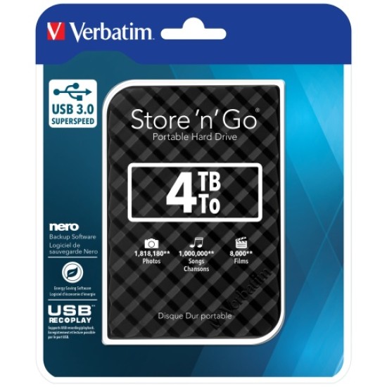Verbatim 53223 Store 'n' Go USB 3.0 Išorinis kietasis diskas HDD 4TB, iki 4800 Mbit/s 5400rpm, Juoda