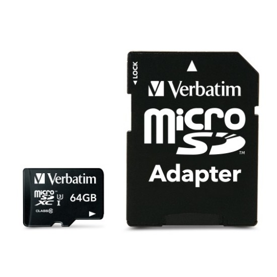 Verbatim 47042 Pro U3 Micro SDXC Atminties kortelė 64GB + microSD į SD Adapteris