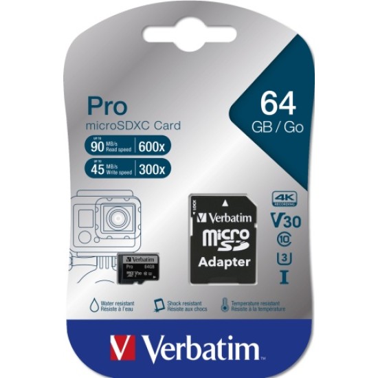 Verbatim 47042 Pro U3 Micro SDXC Atminties kortelė 64GB + microSD į SD Adapteris